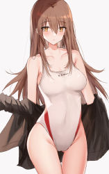 Rule 34 | 1girl, bare shoulders, black shirt, blush, breasts, brown eyes, brown hair, collarbone, gluteal fold, grey background, groin, hair between eyes, highres, kinona, medium breasts, one-piece swimsuit, original, parted lips, shirt, simple background, solo, swimsuit, thigh gap, white one-piece swimsuit