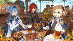 Rule 34 | &quot;once upon a time in mondstadt&quot; (genshin impact), 2girls, absurdres, alcohol, antenna hair, artist request, beer, beer keg, beer mug, belt, black coat, black gloves, black hairband, black necktie, blonde hair, blue belt, blue capelet, blue eyes, blue hair, bread, bunting, capelet, center frills, closed mouth, coat, commentary, crossed bangs, cup, detached sleeves, diluc (genshin impact), eula (genshin impact), flower, food, fork, frills, genshin impact, german commentary, gloves, hair between eyes, hair ornament, hair ribbon, hairband, highres, holding, holding cup, holding handkerchief, jean (genshin impact), jean (gunnhildr&#039;s legacy) (genshin impact), long sleeves, looking at viewer, medium hair, mug, multiple boys, multiple girls, necktie, official alternate costume, official art, oktoberfest, open mouth, pants, people, plant, ponytail, pretzel, red eyes, red hair, ribbon, sausage, short ponytail, sidelocks, sitting, smile, string of flags, sunflower, table, tablecloth, upper body, vambraces, vest, white pants, white sleeves, white vest, wide sleeves, wiping mouth, wooden chair, wooden table, wrist guards, yellow eyes
