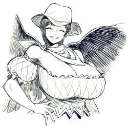 Rule 34 | 1girl, bare shoulders, black wings, breasts, cleavage, covered erect nipples, cowboy hat, detached sleeves, closed eyes, greyscale, grin, hand on own hip, hat, highres, huge breasts, kurokoma saki, monochrome, neckerchief, puffy detached sleeves, puffy sleeves, smile, solo, spacezin, touhou, upper body, wings