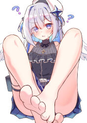 Rule 34 | 1girl, ?, @ @, absurdres, amane kanata, amane kanata (work), bare shoulders, barefoot, batarop, belt, beret, black ribbon, blue belt, blue skirt, blush, colored inner hair, commentary, convenient leg, eyelashes, feathered wings, feet, foreshortening, frilled shirt, frills, gold necklace, grey hair, hair over one eye, hat, highres, hololive, jewelry, knees up, legs, long hair, looking at viewer, miniskirt, multicolored hair, necklace, official alternate costume, official alternate hairstyle, open mouth, parted bangs, pink hair, pouch, purple eyes, ribbon, shirt, sidelocks, simple background, single hair intake, skirt, sleeveless, sleeveless shirt, solo, spread toes, streaked hair, sweatdrop, symbol-only commentary, thigh pouch, toenails, toes, virtual youtuber, white background, white hat, wings