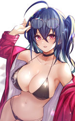 Rule 34 | 1girl, ahoge, arm up, armpits, azur lane, bare shoulders, bikini, black bikini, black choker, black hair, breasts, choker, cleavage, collarbone, cowboy shot, eyewear on head, hair between eyes, halterneck, highres, jacket, large breasts, long hair, looking at viewer, multi-strapped bikini bottom, navel, off shoulder, official alternate costume, one side up, open clothes, open jacket, parted lips, race queen, red eyes, red jacket, skindentation, solo, stomach, string bikini, sunglasses, swimsuit, taihou (azur lane), taihou (enraptured companion) (azur lane), white background, yoruhachi