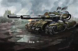 Rule 34 | apocalypse tank, artist request, caterpillar tracks, cloud, command &amp; conquer, command &amp; conquer: red alert 3, day, hammer and sickle, highres, military, military vehicle, motor vehicle, no humans, red alert 3, ruins, sky, smoke, tank, vehicle focus