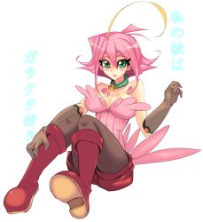 Rule 34 | 1girl, ahoge, bell, blush, boots, breasts, cleavage, collar, duel monster, elbow gloves, female focus, full body, gloves, green eyes, jingle bell, large breasts, neck bell, pantyhose, personification, pink hair, roadrunner, short hair, sitting, solo, sonic chick, tail, white background, yu-gi-oh!, yu-gi-oh! duel monsters