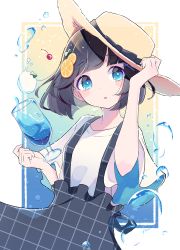 Rule 34 | 1girl, :o, absurdres, black bow, black hair, blue eyes, border, bow, cherry, commentary request, cup, drinking glass, food, food-themed hair ornament, fruit, hair ornament, hat, hat bow, highres, holding, holding clothes, holding hat, ichilolule, looking at viewer, orange hair ornament, original, outside border, overall skirt, resolution mismatch, shirt, short hair, short sleeves, solo, source smaller, straw hat, water, white border, white shirt, wide sleeves