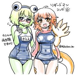Rule 34 | 10s, 2girls, :d, anura (monster musume), blue eyes, breasts, claws, colored skin, covered navel, cowboy shot, frog girl, green hair, green skin, hand on own chest, headband, liza (monster musume), reptile girl, lizard tail, looking at viewer, monster girl, monster musume no iru nichijou, monster musume no iru nichijou online, multiple girls, open mouth, orange eyes, orange hair, pink scarf, scales, scarf, school swimsuit, shake-o, sketch, slit pupils, smile, swimsuit, tail, thigh gap, translation request, twitter username, waving, webbed hands