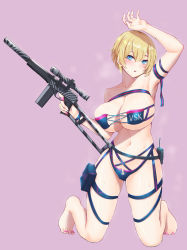 Rule 34 | 1girl, arm strap, arm up, armpits, bikini, blonde hair, blue bikini, blue eyes, blush, breasts, collarbone, finger on trigger, full body, girls&#039; frontline, gun, highres, holding, holding gun, holding weapon, kneeling, large breasts, looking at viewer, nail polish, navel, pao mian+dan, parted lips, pink background, pink nails, purple background, rifle, short hair, simple background, skindentation, sniper rifle, solo, suppressor, swimsuit, toenail polish, toenails, underboob, vsk-94, vsk-94 (girls&#039; frontline), weapon
