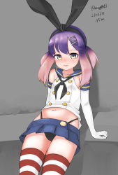 Rule 34 | 1girl, black hairband, black neckwear, black panties, blue sailor collar, blue skirt, commentary request, cosplay, cowboy shot, crop top, dated, elbow gloves, gloves, gradient hair, hairband, highleg, highleg panties, highres, kantai collection, maru (marg0613), microskirt, miniskirt, multicolored hair, orange hair, panties, pleated skirt, purple eyes, purple hair, sailor collar, shimakaze (kancolle), shimakaze (kancolle) (cosplay), short hair, short hair with long locks, sidelocks, skirt, striped clothes, striped thighhighs, thighhighs, tsushima (kancolle), twitter username, underwear, white gloves