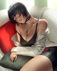 Rule 34 | 1girl, bare shoulders, black hair, black shirt, blouse, blunt bangs, bob cut, breasts, brown eyes, chair, cleavage, coat, crossed legs, doctor, dress, head tilt, indoors, jewelry, large breasts, looking at viewer, lying, mouse (animal), necklace, on side, parted lips, persona, persona 5, shirt, short hair, sitting, solo, takemi tae, zumi (zumidraws)