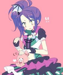 Rule 34 | !, !!, 1girl, 7melon, :o, bad id, bad pixiv id, bat wings, bow, bracelet, chain, clenched hand, collar, diamond (gemstone), dress, fingerless gloves, frilled dress, frills, gloves, hair ornament, heart, inverted colors, jewelry, navel, open mouth, pink background, ponytail, pretty series, pripara, puffy short sleeves, puffy sleeves, purple hair, short sleeves, side ponytail, simple background, solo, studded bracelet, studded collar, stuffed animal, stuffed rabbit, stuffed toy, surprised, sweat, toudou shion, wings, yellow eyes