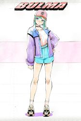 Rule 34 | 1girl, :o, aqua hair, arm at side, bare legs, baseball cap, blue eyes, blue jacket, blue shorts, bulma, capsule corp, character name, commentary, dragon ball, dragon ball (classic), english commentary, expressionless, eyelashes, full body, hand on own hip, hat, head tilt, high-waist shorts, highres, horizontal-striped background, inktober, jacket, long sleeves, looking away, multicolored clothes, multicolored jacket, mynare, open mouth, pink background, pink shirt, purple jacket, retro artstyle, shirt, shirt tucked in, shoes, shorts, simple background, sneakers, socks, solo, standing, two-tone background, two-tone jacket, white background