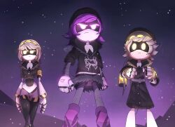 Rule 34 | 1boy, 2girls, beanie hat, glitch productions, hat, highres, mecha, multiple girls, murder drones, n (murder drones), no humans, purple eyes, purple hair, robot, tail, thighhighs, uzi (murder drones), v (murder drones), white hair