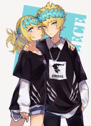 Rule 34 | 1boy, 1girl, alternate costume, black pants, black shirt, blonde hair, blue eyes, brother and sister, castor (fate), closed mouth, collarbone, commentary request, diadem, fate/grand order, fate (series), greece, gyuu kaku (gyu400), hair between eyes, hair ornament, hand in pocket, hand on another&#039;s shoulder, highres, jewelry, long sleeves, looking at viewer, map print, necklace, pants, pollux (fate), shirt, short hair, short shorts, shorts, siblings, twins, white shirt