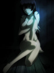 Rule 34 | 1girl, barefoot, blush, breast hold, breasts, collarbone, covering privates, covering breasts, highres, kanoe yuuko, large breasts, long hair, looking at viewer, nude, nude cover, open mouth, screencap, solo, stitched, tasogare otome x amnesia, third-party edit, wooden floor