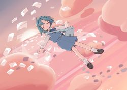 Rule 34 | 1girl, 1nupool, bag, blue hair, blush stickers, cloud, commentary, envelope, closed eyes, floating, highres, horizon, light smile, loafers, original, school uniform, shoes, short hair, solo