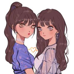 Rule 34 | 2girls, 87esn, animification, breast press, brown eyes, choi ye-na, choker, earrings, eyeshadow, frilled choker, frills, from side, grey eyes, heart, heart earrings, highres, izone, jewelry, jo yu-ri, k-pop, long hair, looking at viewer, makeup, multiple girls, parted lips, ponytail, real life, red eyeshadow, simple background, symmetrical docking, white background, white choker