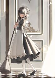 Rule 34 | 1girl, apron, black dress, black footwear, black hair, broom, closed eyes, commentary request, commission, dress, frilled apron, frills, glasses, highres, holding, holding broom, indoors, juliet sleeves, loafers, long sleeves, maid, maid apron, maid headdress, original, pantyhose, parted lips, pleated dress, puffy sleeves, red-framed eyewear, semi-rimless eyewear, shii (kairi-t-k0317), shoes, skeb commission, solo, under-rim eyewear, white pantyhose