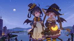 Rule 34 | 2girls, :d, ^ ^, ahoge, animal ears, azur lane, baozi, bat wings, black hair, brown hair, capelet, cat ears, closed eyes, commentary request, eating, food, halloween, halloween costume, highres, jack-o&#039;-lantern, long hair, mosquito coils, multiple girls, ning hai (azur lane), open mouth, ping hai (azur lane), red eyes, smile, striped clothes, striped legwear, striped thighhighs, thighhighs, twintails, wings