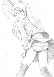 Rule 34 | !, !!, 1girl, animal ears, blush, female focus, from behind, greyscale, looking back, monochrome, panties, pantyshot, rabbit ears, rabbit girl, rabbit tail, reisen udongein inaba, simple background, solo, striped clothes, striped panties, tail, touhou, traditional media, underwear, vent arbre, white background