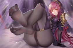 Rule 34 | 1girl, fate/grand order, fate (series), feet, highres, long hair, looking at viewer, no panties, pantyhose, parted lips, pussy, red eyes, red hair, scathach (fate), soles, toes