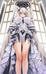 Rule 34 | 1girl, arms behind back, arms up, azur lane, blush, dress bow, breasts, clothing cutout, dress, embarrassed, feather dress, formidable (azur lane), formidable (timeless classics) (azur lane), hair tubes, headdress, highres, large breasts, layered dress, long hair, looking at viewer, navel, navel cutout, official alternate costume, red eyes, short dress, solo, tired, twintails, veil, very long hair, white dress, window, yamiiv