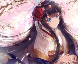 Rule 34 | 1girl, blue eyes, branch, brown hair, cherry blossoms, commentary, counter:side, falling petals, floating hair, floral background, floral print, flower, hair flower, hair ornament, japanese clothes, kanzashi, kimono, light particles, long hair, looking at viewer, nanahara chinatsu, obi, own hands clasped, own hands together, petals, purple kimono, sash, shanabi0610, sidelocks, smile, solo, spring (season), tassel, tsumami kanzashi, upper body, white kimono