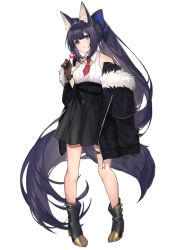 Rule 34 | 1girl, absurdly long hair, animal ear fluff, animal ears, bare shoulders, black footwear, black jacket, black skirt, blue bow, blue eyes, boots, bow, brown gloves, candy, collared shirt, commentary request, coyucom, food, fox ears, fox girl, fox tail, full body, fur-trimmed jacket, fur trim, gloves, hair between eyes, hair bow, head tilt, high-waist skirt, high heel boots, high heels, highres, holding, holding candy, holding food, holding lollipop, jacket, lollipop, long hair, long sleeves, looking at viewer, necktie, off shoulder, open clothes, open jacket, original, pigeon-toed, purple hair, red necktie, shirt, short necktie, skirt, sleeveless, sleeveless shirt, sleeves past wrists, solo, standing, tail, very long hair, white background, white shirt