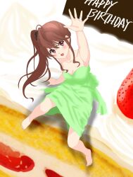 Rule 34 | 1girl, 22/7, arm up, birthday, birthday cake, brown eyes, brown hair, bxtbsy7q76gxh73, cake, commentary request, dress, food, from above, green dress, hair ornament, happy birthday, highres, looking at viewer, open mouth, toda jun