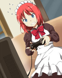 Rule 34 | 1girl, apron, blue eyes, blush, bow, bowtie, clenched teeth, controller, dutch angle, eyebrows, flying sweatdrops, frilled apron, frills, game controller, gamepad, highres, hisui (tsukihime), holding, juliet sleeves, long sleeves, maid, maid headdress, playstation controller, puffy sleeves, red bow, red bowtie, red hair, samnedar, solo, sweatdrop, teeth, television, tsukihime