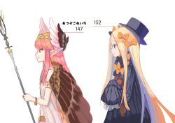 Rule 34 | 2girls, abigail williams (fate), black bow, black dress, black hat, black wings, blonde hair, blue eyes, bow, bracelet, brown wings, bug, butterfly, circe (fate), closed mouth, dress, fate/grand order, fate (series), feathered wings, from side, green eyes, hair bow, hands in opposite sleeves, hat, head wings, highres, holding, hugging object, insect, jewelry, kumo955, long hair, long sleeves, looking at viewer, multiple girls, orange bow, parted bangs, pink hair, pointy ears, polka dot, polka dot bow, profile, simple background, sleeveless, sleeveless dress, smile, stuffed animal, stuffed toy, teddy bear, translation request, very long hair, white background, white dress, wings