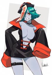 Rule 34 | 1girl, absurdres, belt, breasts, chinese clothes, choker, colored skin, dress, flipped hair, green hair, grey skin, grin, hair over one eye, hat, heart o-ring, high collar, highres, jiangshi, large breasts, looking at viewer, mole, mole under eye, navel, o-ring, o-ring choker, ofuda, orange eyes, original, plunging neckline, qingdai guanmao, short hair, sleeves past fingers, sleeves past wrists, smile, solo, thigh belt, thigh strap, yau5531