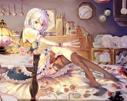 Rule 34 | 1girl, apron, braid, colored eyelashes, cup, drawer, hair ribbon, high heels, holster, hourglass, ink, izayoi sakuya, knife, leg belt, maid, maid apron, maid headdress, mokoiscat, on bed, plate, red eyes, ribbon, shoes, unworn shoes, silver hair, sitting, solo, spill, tears, thighhighs, throwing knife, touhou, twin braids, vial, waist apron, weapon