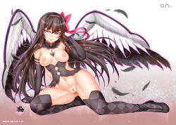 Rule 34 | 10s, 1girl, akemi homura, akuma homura, arm support, bare shoulders, black gloves, black hair, black thighhighs, blush, bow, breasts, colored eyelashes, dark orb (madoka magica), detached collar, elbow gloves, feathers, female pubic hair, full body, gloves, hair bow, hairband, long hair, looking at viewer, mahou shoujo madoka magica, mahou shoujo madoka magica: hangyaku no monogatari, medium breasts, navel, nipples, no bra, no panties, oni-noboru, pink eyes, pubic hair, pussy, red hairband, revision, smile, solo, soul gem, spoilers, thighhighs, uncensored, wings