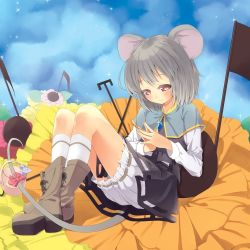 Rule 34 | 1girl, animal ears, bad id, bad pixiv id, basket, bloomers, blush, boots, capelet, chika (orange pop), dress, female focus, flower, grey hair, jewelry, mouse (animal), mouse ears, mouse tail, musical note, nazrin, red eyes, short hair, sitting, sky, smile, solo, steepled fingers, tail, touhou, underwear
