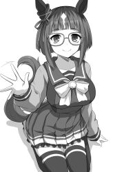 Rule 34 | 1girl, animal ears, bow, breasts, closed mouth, collarbone, commentary request, glasses, greyscale, hand up, highres, horse ears, horse girl, horse tail, long sleeves, looking at viewer, medium breasts, monochrome, motion lines, multicolored hair, pleated skirt, puffy long sleeves, puffy sleeves, school uniform, seiza, shadow, shirt, simple background, sitting, skirt, smile, solo, tail, thighhighs, tracen school uniform, transcend (umamusume), two-tone hair, umamusume, watarui, waving, white background