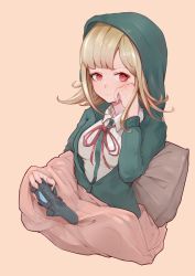 Rule 34 | 1girl, absurdres, beige background, blanket, breasts, collared shirt, commentary request, controller, cropped torso, danganronpa (series), danganronpa 2: goodbye despair, game controller, green jacket, green shirt, hand on own cheek, hand on own face, highres, holding, holding controller, hood, hood up, jacket, light brown hair, long sleeves, looking at viewer, medium breasts, medium hair, nanami chiaki, neck ribbon, pillow, playstation controller, red ribbon, ribbon, shirt, simple background, smile, solo, two-tone shirt, white shirt, yoson1874