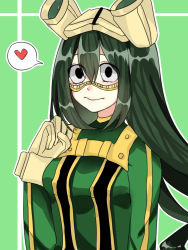 Rule 34 | 10s, 1girl, artist request, asui tsuyu, black eyes, bodysuit, boku no hero academia, breasts, goggles, green background, green hair, heart, highres, long hair, looking at viewer, medium breasts, safety glasses, spoken heart, very long hair