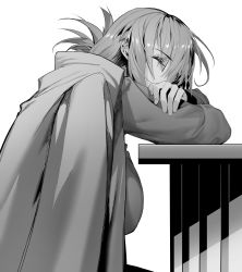 Rule 34 | 1girl, braid, braided ponytail, breasts, closed eyes, fate/grand order, fate (series), florence nightingale (fate), folded ponytail, gloves, greyscale, highres, hxd, jacket, jacket on shoulders, large breasts, long hair, long sleeves, military jacket, monochrome, sitting, sleeping