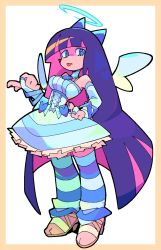 Rule 34 | 1girl, angel wings, bacun, bare shoulders, blue bow, blue dress, blue eyes, blue hair, blue leg warmers, blunt bangs, border, bow, breasts, bridal gauntlets, bright pupils, center frills, choker, closed mouth, colored inner hair, dress, elbow gloves, frilled choker, frilled dress, frills, full body, gloves, hair bow, halo, hand on own hip, hand up, heart-shaped ornament, high heels, highres, index finger raised, leg warmers, light blush, long hair, looking at viewer, medium breasts, multicolored clothes, multicolored dress, multicolored hair, multicolored legwear, nail polish, outside border, panty &amp; stocking with garterbelt, pink hair, purple nails, sandals, short dress, solo, standing, stocking (psg), straight hair, striped leg warmers, thighhighs, tongue, tongue out, very long hair, white background, white choker, white dress, white gloves, white leg warmers, white pupils, wings, yellow border, yellow footwear, zettai ryouiki
