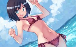 Rule 34 | 1girl, :d, bikini, black hair, bob cut, breasts, bright pupils, clenched hands, cloud, cowboy shot, dutch angle, green eyes, halterneck, highres, kouno hikaru, looking at viewer, midriff, navel, ocean, open mouth, original, outdoors, panties, red bikini, short hair, side-tie bikini bottom, side-tie panties, sky, small breasts, smile, solo, spray, string bikini, swimsuit, underwear, w arms, wading, water, white pupils