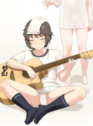 2girls acoustic_guitar black_socks blush brown_hair closed_eyes closed_mouth collarbone commentary_request full_body guitar highres holding holding_guitar holding_instrument instrument kantai_collection messy_hair miyuki_(kancolle) multiple_girls naked_towel no_pants panties playing_guitar sakiecho shirt short_hair short_sleeves sidelocks simple_background sitting socks solo_focus standing t-shirt towel towel_on_head translation_request underwear white_background white_panties white_shirt