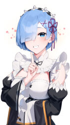 Rule 34 | 1girl, blue eyes, blue hair, blunt bangs, breasts, commentary, detached sleeves, english commentary, eyes visible through hair, grin, hair ornament, hair over one eye, highres, holding, holding clothes, holding jacket, index finger raised, jacket, large breasts, looking at viewer, one eye closed, re:zero kara hajimeru isekai seikatsu, rem (re:zero), roswaal mansion maid uniform, sasoura, short hair, simple background, smile, solo, white background, wide sleeves, x hair ornament
