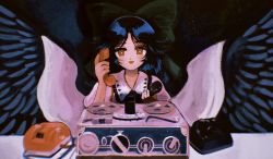 Rule 34 | 1girl, :d, bird wings, black hair, black wings, blush, bow, bright pupils, cape, collared shirt, commentary, corded phone, feathered wings, green bow, hair bow, hands up, hell0120, highres, holding, holding phone, large wings, long hair, looking at viewer, open mouth, orange eyes, parted bangs, phone, reiuji utsuho, shirt, smile, solo, touhou, upper body, white cape, white pupils, white shirt, wings