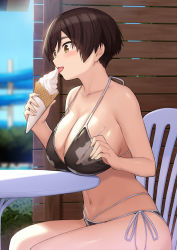 Rule 34 | 1girl, bare arms, bare shoulders, bikini, black bikini, blurry, breast rest, breasts, breasts on table, brown eyes, brown hair, cccpo, chair, cleavage, depth of field, food, halterneck, halterneck, highres, holding, ice cream, large breasts, licking, looking down, multi-strapped bikini, navel, original, outdoors, short hair, side-tie bikini bottom, sitting, solo, stomach, strap gap, string bikini, swimsuit, table, thighs, tongue, tongue out