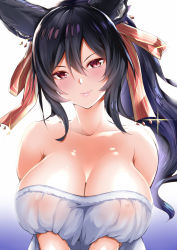 Rule 34 | 1girl, amasora taichi, animal ears, bikini tan, black hair, blush, breast press, breasts, closed mouth, collarbone, covered erect nipples, dress, erune, gradient background, granblue fantasy, hair between eyes, hair ornament, highres, ilsa (granblue fantasy), large breasts, lips, long hair, looking at viewer, off-shoulder dress, off shoulder, pink lips, ponytail, red eyes, see-through, simple background, solo, swimsuit, tan, tanline, upper body, white background, white dress