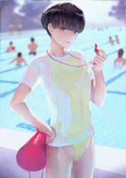 Rule 34 | 1girl, black eyes, black hair, day, flat chest, hand on own hip, head tilt, highres, kaoming, looking at viewer, original, pool, see-through, short hair, solo focus, standing, summer, water, wet, wet clothes, whistle