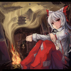 Rule 34 | 2girls, :3, bamboo, bamboo forest, female focus, fire, forest, fujiwara no mokou, kamishirasawa keine, letterboxed, long hair, looking at viewer, moon, mountain, multiple girls, nature, ofuda, pagoda, red eyes, silver hair, sitting, smile, suspenders, touhou, tsuizi, very long hair