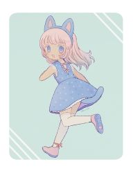 Rule 34 | 1girl, :d, animal ears, ankle ribbon, ayu (mog), blue dress, blush, bright pupils, dress, fake animal ears, from behind, green background, hairband, leg ribbon, long hair, looking at viewer, looking back, multicolored eyes, open mouth, original, pink eyes, pink footwear, pink hair, polka dot, purple eyes, red ribbon, ribbon, running, shoes, signature, simple background, sleeveless, sleeveless dress, smile, solo, standing, standing on one leg, tail, thighhighs, white thighhighs