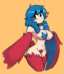 Rule 34 | 1girl, absurdres, ahoge, bird tail, bird wings, blue hair, breasts, closed mouth, cowboy shot, doce, feathers, female focus, harpy (terraria), heart, highres, large breasts, long hair, monster girl, navel, simple background, smile, solo, tail, terraria, twintails, winged arms, wings