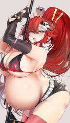 Rule 34 | 1girl, anti-materiel rifle, asymmetrical gloves, bare shoulders, belt, bikini, bikini top only, blush, boota (ttgl), breasts, cleavage, curvy, gloves, gluteal fold, gun, hair between eyes, hair ornament, hairpin, highres, huge breasts, long hair, looking at viewer, marushin (denwa0214), micro shorts, navel, open mouth, outie navel, ponytail, pregnant, red eyes, red hair, red thighhighs, rifle, scarf, shiny skin, short shorts, shorts, sidelocks, sniper rifle, sunglasses, swimsuit, tengen toppa gurren lagann, thighhighs, thighs, third-party edit, underboob, uneven gloves, weapon, yoko littner