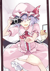Rule 34 | 2girls, ;d, ascot, ass, blonde hair, breasts, camera, center frills, collared shirt, deetamu, fang, flandre scarlet, frilled shirt collar, frills, full-length mirror, hat, hat ribbon, highres, holding, holding camera, index finger raised, light purple hair, looking at viewer, meme, mirror, mob cap, multiple girls, one eye closed, one finger selfie challenge (meme), one side up, open mouth, petticoat, pink shirt, pink skirt, red ascot, red eyes, reflection, remilia scarlet, ribbon, selfie, shirt, short sleeves, sideboob, skirt, skirt set, smile, touhou, wings